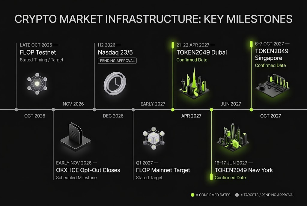 Timeline of what to watch after TOKEN2049 Singapore 2026, from the FLOP testnet to the TOKEN2049 2027 dates in Dubai, New York and Singapore