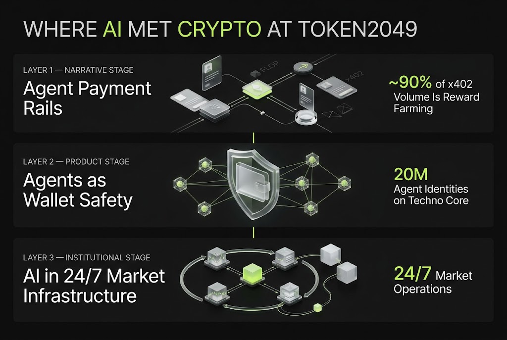 Diagram of three layers of AI and crypto convergence discussed at TOKEN2049 Singapore 2026, from agent payments to market infrastructure