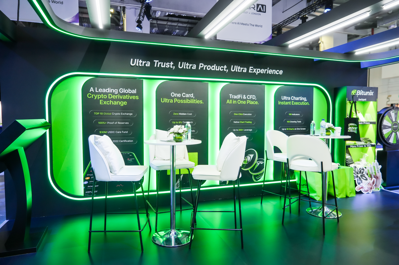 The official Bitunix crypto exchange booth setup at TOKEN2049 Singapore, prepared for visitors, partners, and interactive activities.