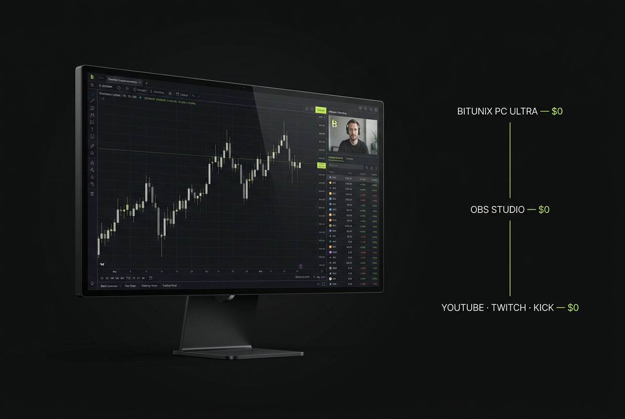 Workflow diagram of a free crypto trading livestream setup using Bitunix PC Ultra, OBS Studio and a streaming platform.