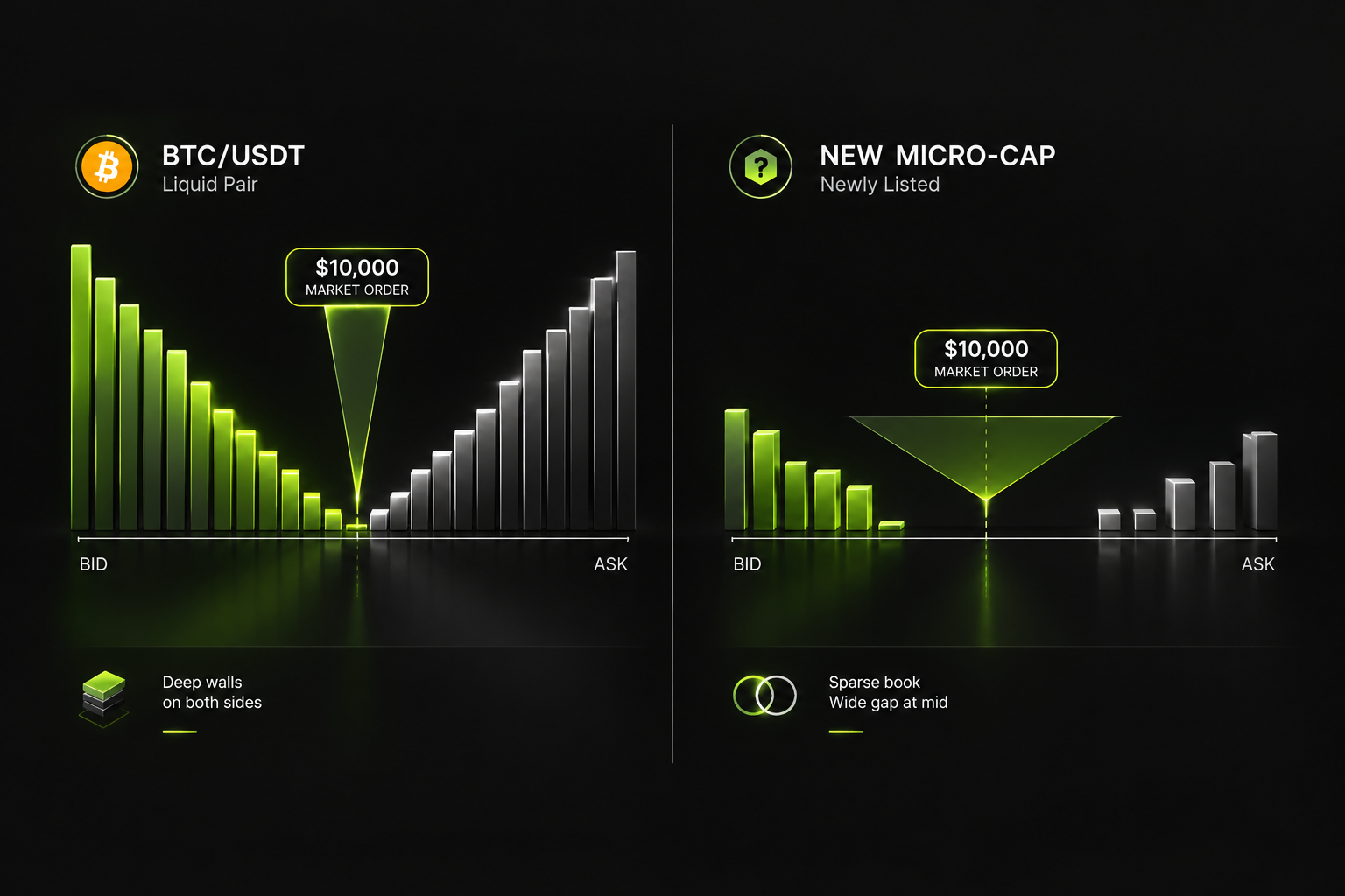 Order book depth comparison showing slippage on a liquid BTC pair versus a thin new altcoin listing on MEXC.