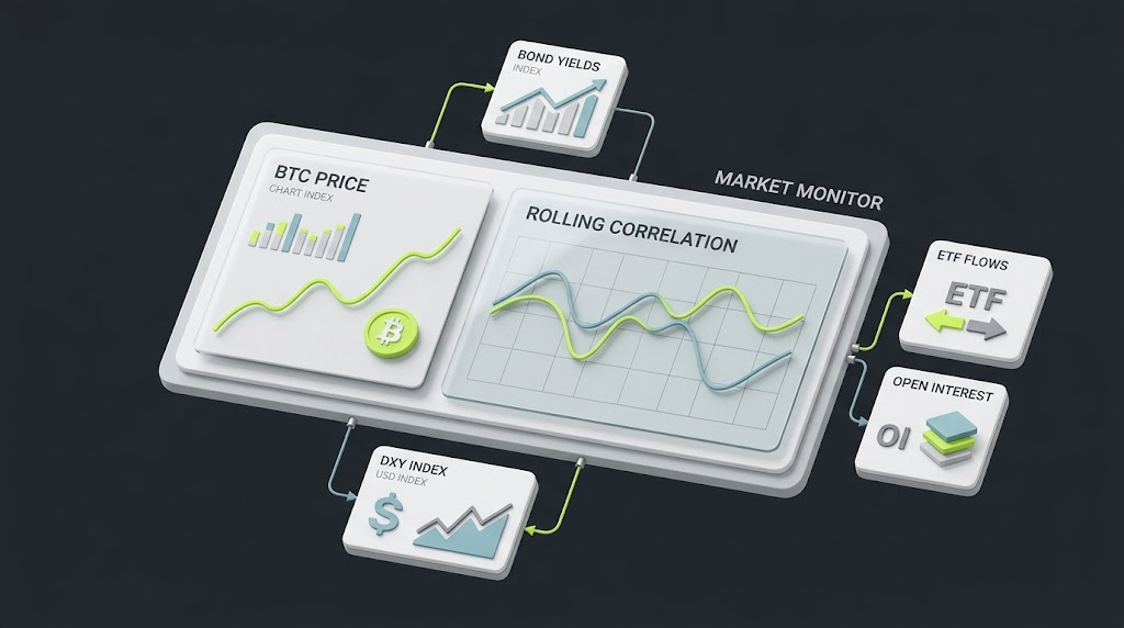 Bitcoin risk dashboard tracking stock market correlation, Treasury yields, ETF flows, and open interest.